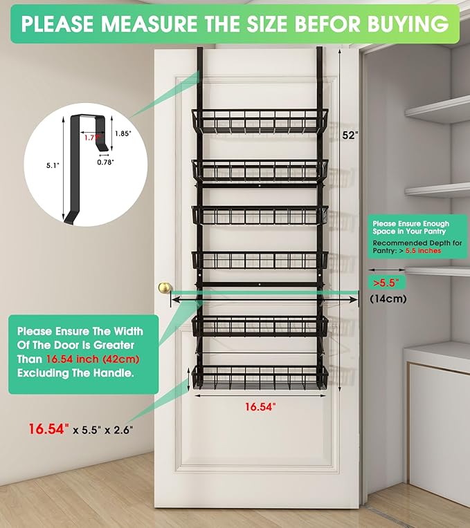 Mefirt Over The Door Pantry Organizer, Pantry Storage and Organization | 6-Tier Adjustable Hanging Baskets, Metal Wall Mount Spice Rack Seasoning Shelves for Home & Kitchen, Laundry Bathroom - Black