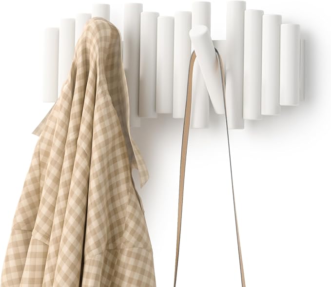 Umbra Picket Wall-Mounted Coat Rack Rail Hook with 5 Retractable Wood Pegs – Modern, Space-Saving Storage Organizer, White