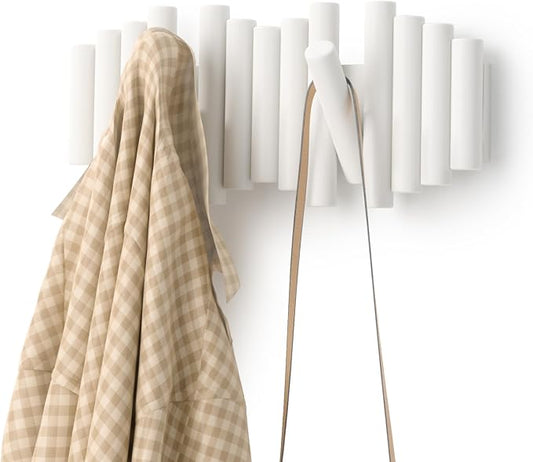 Umbra Picket Wall-Mounted Coat Rack Rail Hook with 5 Retractable Wood Pegs – Modern, Space-Saving Storage Organizer, White