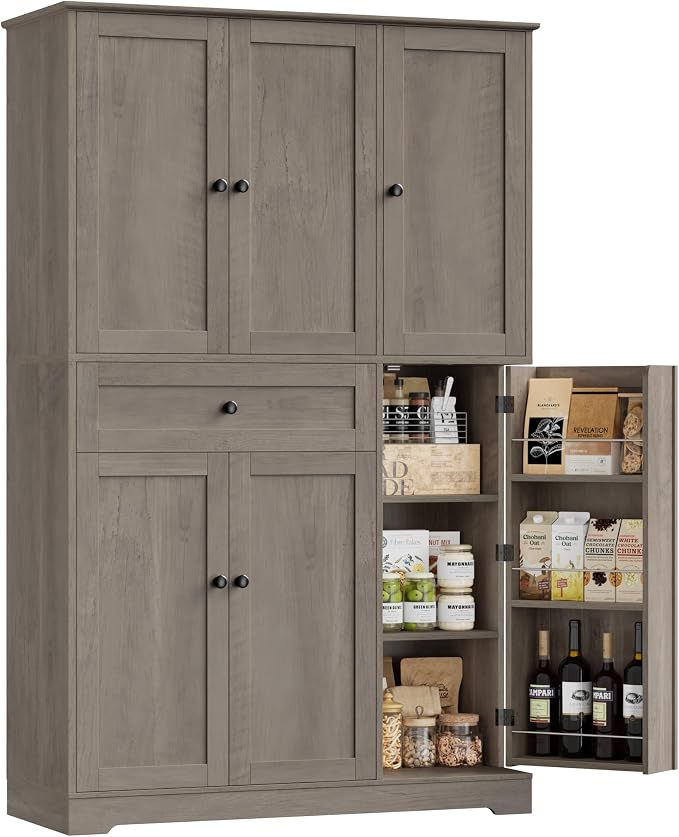 HOSTACK 68" H Kitchen Pantry Storage Cabinet with Doors & Shelves, Ash Gray | Large Pantry Cabinet with Door Rack, Freestanding Kitchen Storage Cabinet with Drawer, Food Pantry for Dining Living room