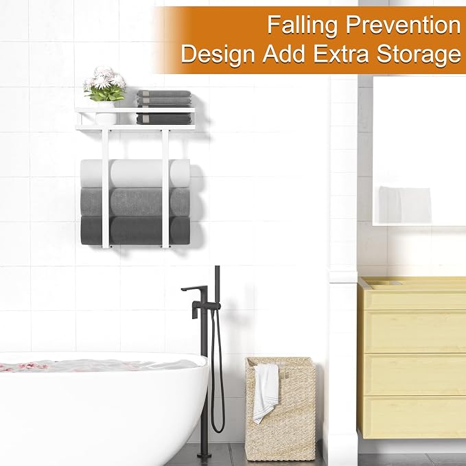 Towel Racks for Bathroom Wall Mounted, Xstydes Metal Towel Holder with Wooden Shelf for Folding Large Towels, Towel Storage for Small Bathroom Organizer Decor or RV Camping,White