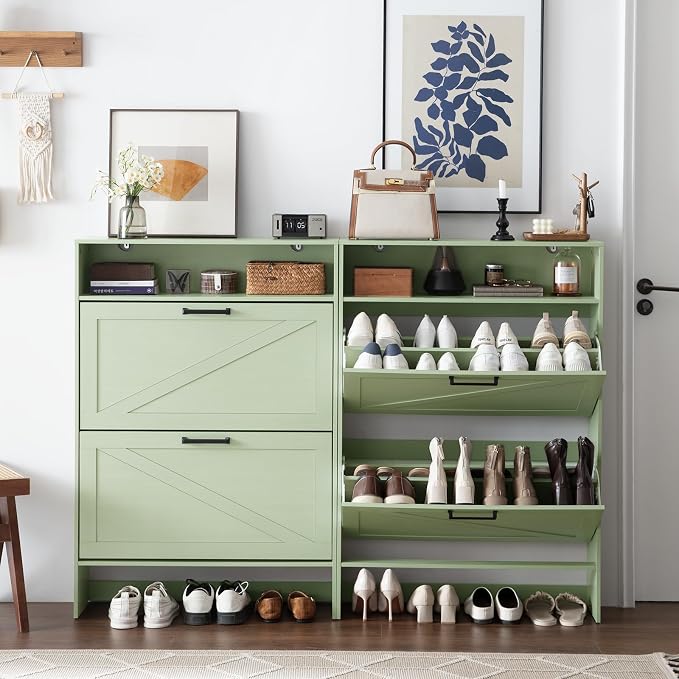 RWYHG Shoe Cabinet Storage for Entryway with 2 Flip Drawers | Open Storage Layer Rack Narrow Organizer Slim Hidden Wood Shoe Cabinet Furniture