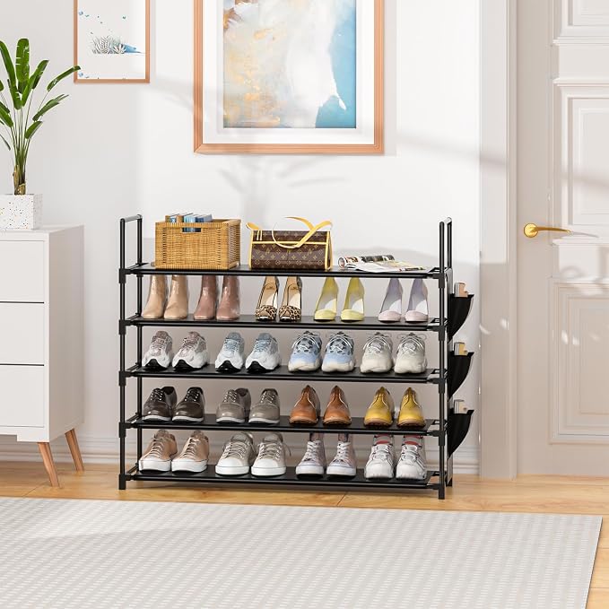 OYREL Shoe Rack 5 Tier 20-25 Storage Capacity Shoes Organizer | Closet, Entryway, Garage, Door Entrance, Space Saving Shoes Holder Stand, Sturdy Metal Free Standing Boot Shelf Tower Black