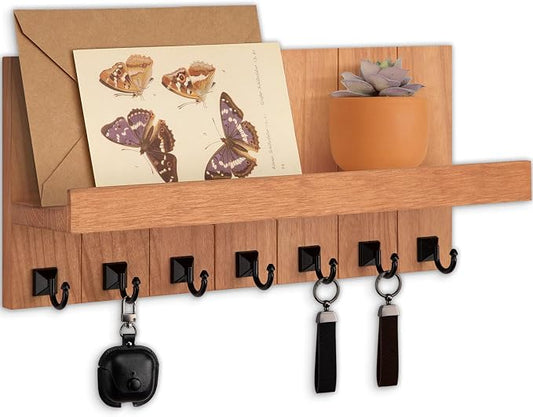 Key Holder for Wall, Decorative Key Holder with Shelf, Key and Mail Holder Wall Mount, Farmhouse Decor with 7 Key Hooks for Keys, Coats, ect.