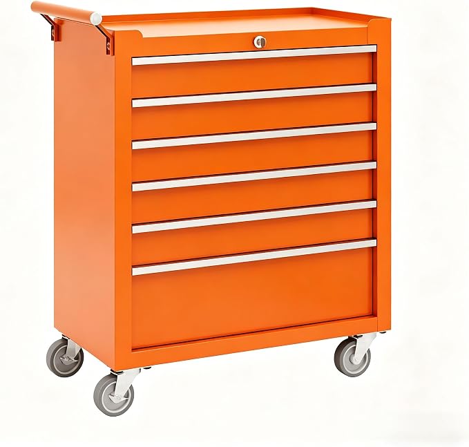 Garvee Rolling Tool Chest, 6 Drawers Tool Storage Cabinet, Toolbox with Wheels, Portable Tool Cabinet Organizer with Locking System & Drawer Liners, Tool Storage Cart for Garage, Workshop, Orange
