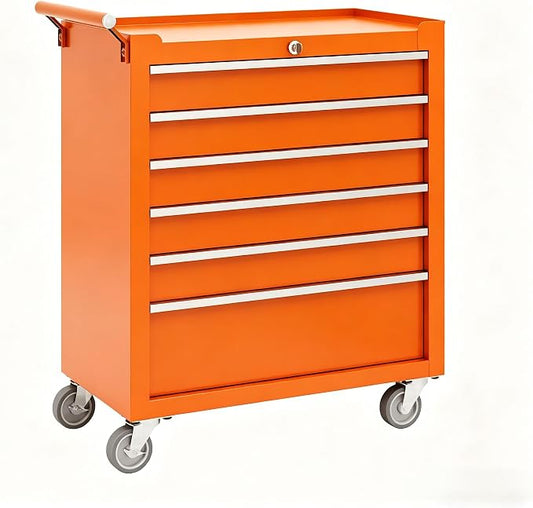 Garvee Rolling Tool Chest, 6 Drawers Tool Storage Cabinet, Toolbox with Wheels, Portable Tool Cabinet Organizer with Locking System & Drawer Liners, Tool Storage Cart for Garage, Workshop, Orange
