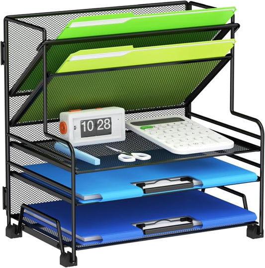 MINDEPOT 4-Tier Paper Organizer + 3-Pocket File Holder, Desktop File Organizers Paper Tray for Office School Classroom Workspace Organization (Black Desk Organizer, No Drawer & No Pen Holder)