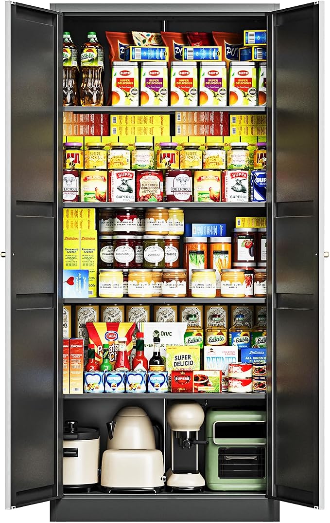 Letaya Black Storage Cabinet with Adjustable Shelves-Metal Home Kitchen Pantry Cabinets with Doors,Organization Locker for Cupboard/Bedroom/Dining/Living/Bathroom/Office/Garage Room