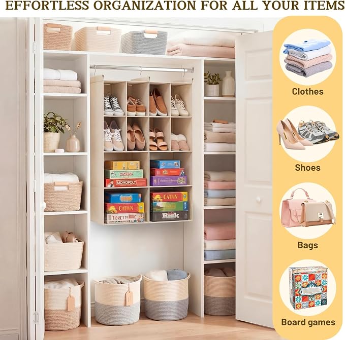 4 Tier Hanging Closet Organizer, 12 Compartments Dual Row Storage, Beige | Closet Organizers and Storage with Large & Small Cubbies, 3 Sturdy Hooks Support Heavy Loads, for Dorm, RV, Garment Rack