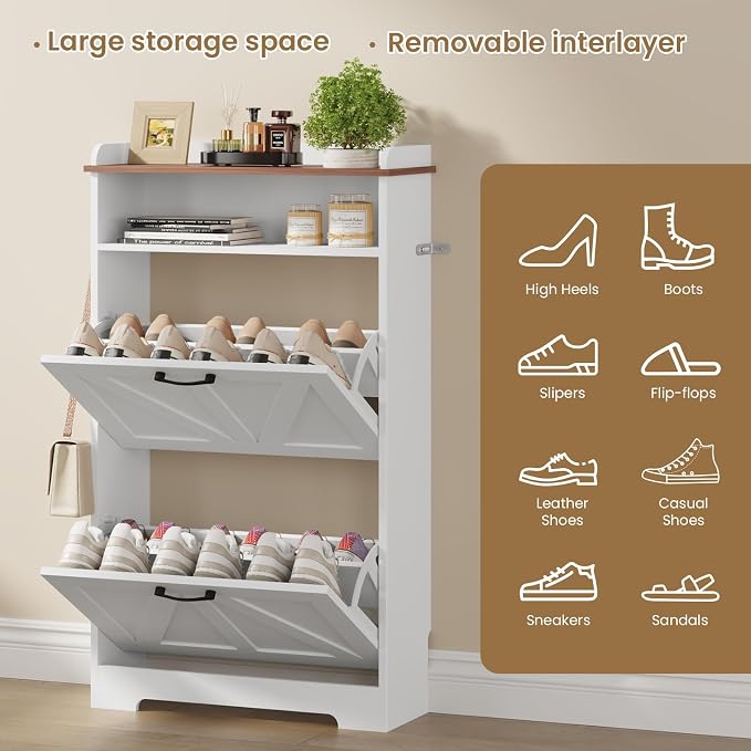 Farmhouse Narrow Shoe Cabinet with 2 Flip Drawers, 23.6" W White | Freestanding shoe storage cabinet for entryway,foyer and hallway,slim design width and space-saving flip drawers