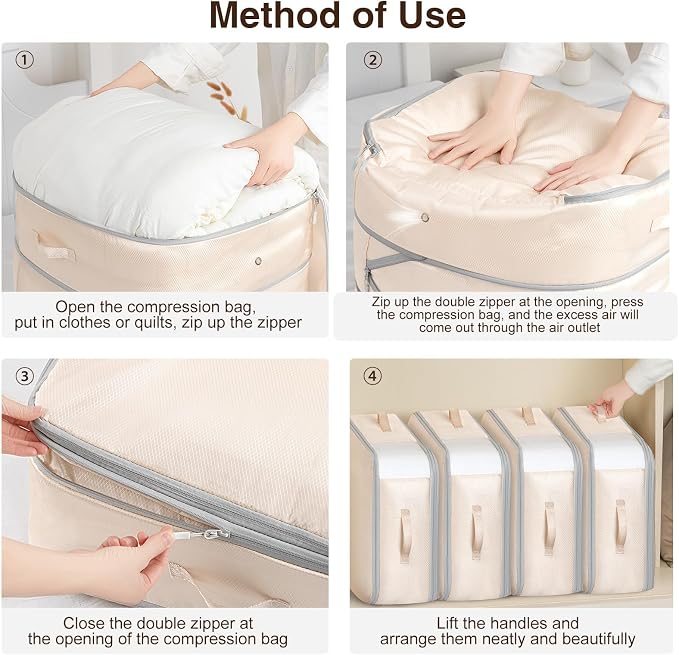 Homsorout 4 Pack Compression Storage Bags - 110L Large Capacity Comforter Storage Bag, 3-Layer Washable Ultra Space Saving Self Compression Organizer Space Bags for Blankets, Sweaters, Sheets, Beige
