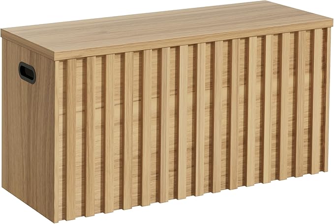 Storage Bench,39.4" Wood Box, Storage Trunk with 2 Safety Hinges, Ottoman Storage Chest, Fluted Storage Bench for Bedroom, Entryway, Living Room(Natural Wood)