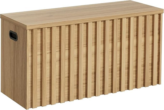 Storage Bench,39.4" Wood Box, Storage Trunk with 2 Safety Hinges, Ottoman Storage Chest, Fluted Storage Bench for Bedroom, Entryway, Living Room(Natural Wood)