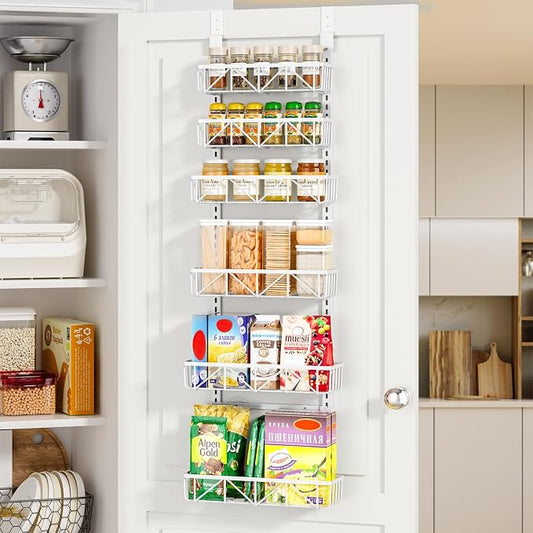 Delamu White Narrow 6-Tier Over the Door Pantry Organizer, Adjustable Metal Hanging Spice Rack, Cabinet Door Organizer for Kitchen, Bathroom, Laundry Room, 12.5