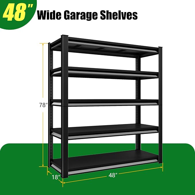 5-Tier Garage Shelving Heavy Duty,48”W x 18”D x 78”H Metal Shelving Unit，2400 lbs Weight Capacity Adjustable Storage Shelves for Retiple Tanks, Pantry, Garage，Black (Black, 5-Ter,48”W x 18”D x 78”H)