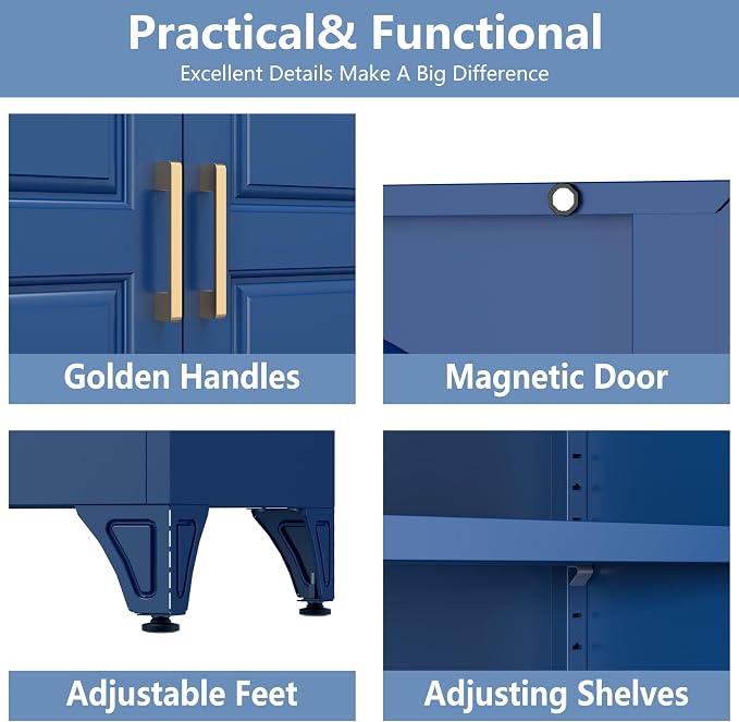Polup 75" Metal Storage Cabinet, Kitchen Pantry Cabinet with 3 Drawers | Heavy-Duty Blue Tall Cabint with 2 Doors and 3 Adjustable Shelves, Magnetic Latch, Gold Handles, for Dining Living Room
