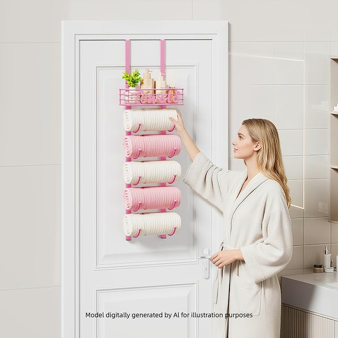 SWTYMIKI Hanging Towel Racks for Bathroom - 9 Tier Over the Door & Wall Mounted Bath Rolled Towel Storage for Women Girl, Door Towel Organizer Holder for Small Bathroom, RV, Camper