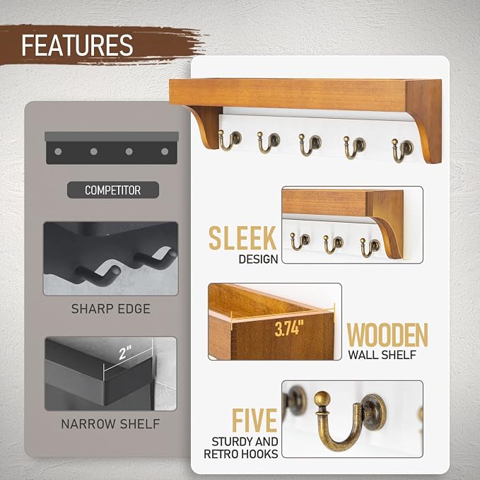 Rebee Vision Key Holder Wall Mount for Home Decor, Light Brown & White | 5 Key Hooks, Floating Shelf, Farmhouse Key Holder for Wall, Decorative Hanging Organizer, Home Storage Accent