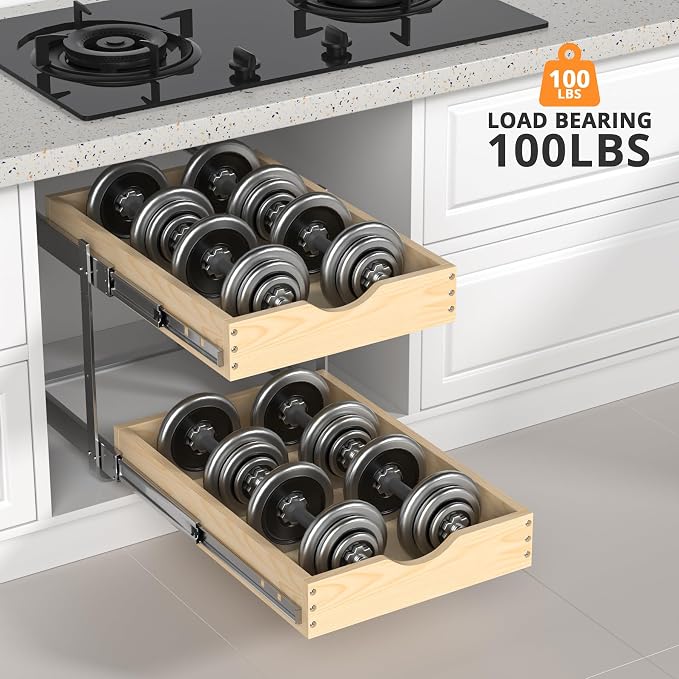 21" Deep 2-Tier Pull Out Cabinet Organizer - Wood Pull Out Drawers | Slide Out Shelves, Full-Extension, Ball-Bearing Slides, 3 Adjustable Heights (2-Tier, 14''W X 21''D Overall)