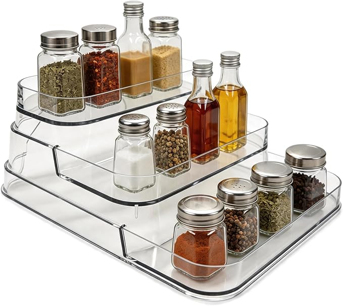 3-Tier Spice Rack 2-Pack, Clear PET Storage Set | No assembly required, fits kitchen, bathroom, pantry. Holds spices, vitamins, cosmetics. BPA-free, space-saving