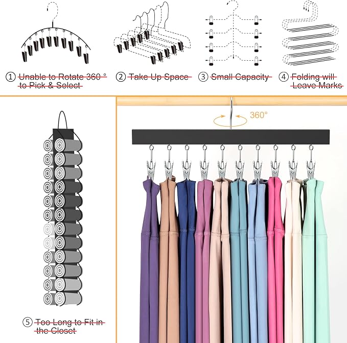 Legging Organizer for Closet, Pants Hangers with Clips | Holds 20 Leggings, Jeans, Hats, Shorts, Socks, 360° Rotating Space Saving Hanging Lightweight Garment Hanger Storage 2Pcs