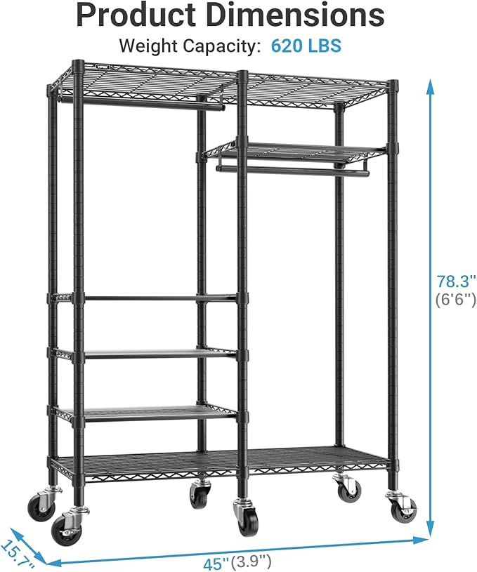 VIPEK R4C Portable Closet Rolling Clothes Rack with Wheels & Zippered Cover | Black Upgraded Fabric Cover, Lockable Wheels, 4 Adjustable Shelves, 2 Hanging Rods, Metal Porable Garment Rack for Bedroom