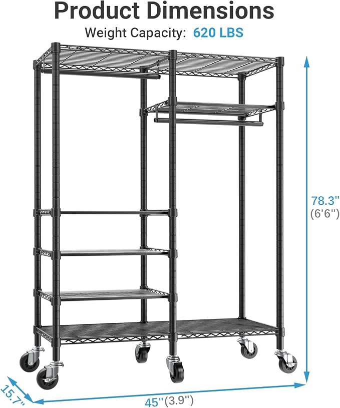 VIPEK R4 Rolling Clothing Rack, Garment Rack with Movable Wheels, Black | 360°Silent Wheels, 4 Adjustable Shelves, 2 Hanger Rods, Heavy Duty Clothes Rack for Hanging Clothes, for Laundry Room/ Closet