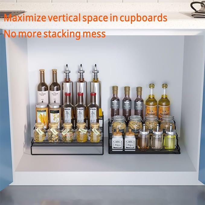 3-Tier Expandable Spice Rack, Adjustable Length 12.5 to 24.5 Inches, Space Saving Kitchen Storage Organizer & Shelf for Cabinet, Countertop, Cupboard