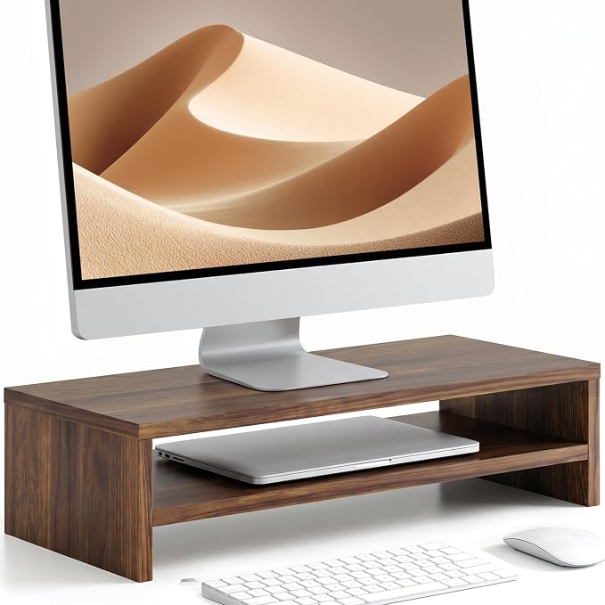 FITUEYES Wooden Monitor Stand Riser, 2-Tier Desk Storage Shelf, Brown | 21.3-Inch Desktop Organizer Fits Laptop, Computer Screen and Office Supplies