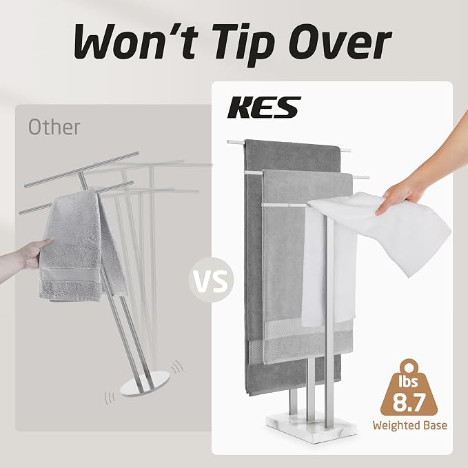 KES Heavy Marble Base Standing Towel Rack, 3-Tier Stainless Steel, Polished | Freestanding Design, No-Drill Assembly, Tiered Bars For Bath Sheets, Bath Towels, Hand Towels, Anti-Slip Pads