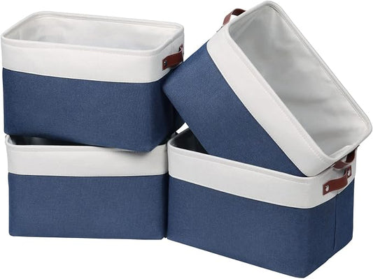 Univivi 15 inch Fabric Storage Baskets for Shelves,Blue,4 Pack | Large Capacity,Linen Closet Baskets,Metal Frame,Hard Cardboard Bottom,Foldable,with PU Handles