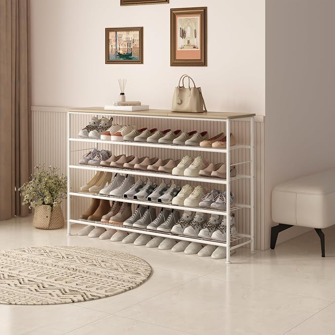 SUOERNUO 5 Tier Extra Long Shoe Rack Organizer Storage for Closet Entryway | Large Capacity Shelf,MDF Top Board,Sturdy Metal Frame,Ideal for Living Room,Hallway White
