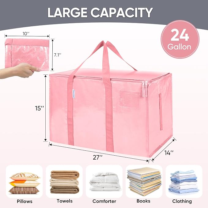 TICONN 8 Pack Extra Large Moving Bags Heavy Duty with Zippers & Carrying Handles, Durable Storage Bags Moving Boxes for Closet Organizers and Storage (8 Pack, Coral)