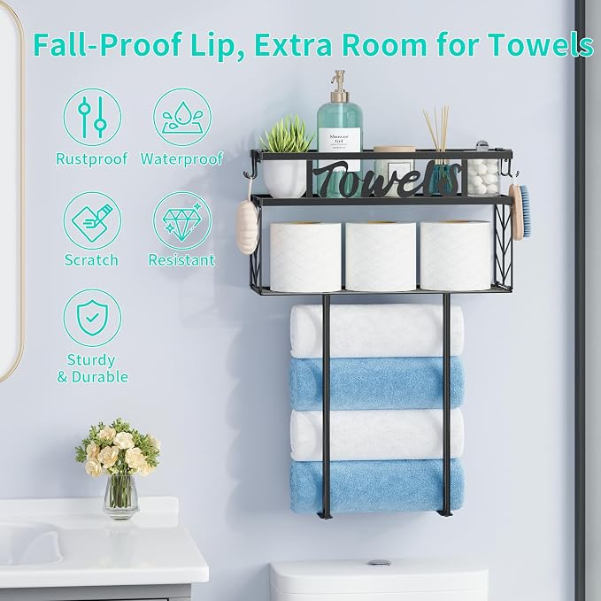 HapiRm Wall Towel Rack for Bathroom, Paper Towel Holder for Above Toilet | Metal Rolled Towel Storage with 4 Hooks Space-Saver Towel Shelf Organizer For Bathtub, Vanity, Small Bathroom, RV, Camper