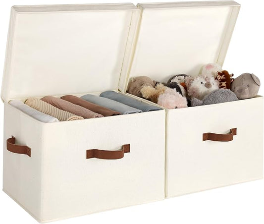 StorageWorks Fabric Storage Bins with Lid, Decorative Storage Boxes for Shelves, Stackable Closet Organizer Basket with Handles, Jumbo, Ivory White, 2-Pack | Flip-Top Lid, 3 Handles, Collapsible, Stackable, for Clothes Blankets, Multi-Purpose, Jumbo, I...