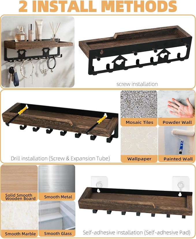 lucdnc Key Holder for Wall with Tray, 7 Hooks & Wood Shelf | Decorative Entryway Organizer for Mail, Keys, Sunglasses, Wall Mounted, Home Office