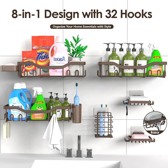 NESOMI Shower Caddy Adhesive Shower Organizer 8-Pack, Rustproof Stainless Steel Bathroom Shelves, Large Capacity No-Drill Rack Storage Accessories with Soap Dish Toothbrush Holder Hooks