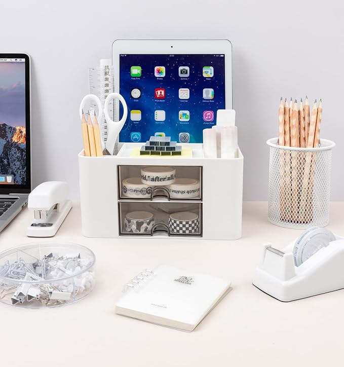 White Desk Organizers and Accessories 12+1Pcs, Office Supplies for Desk, Pen Organizer with 2 Drawers with Stapler,1000 Staples, Phone Holder, Tape Dispenser, Pen Holder, Sticky Note,Clips,Ruler,Etc