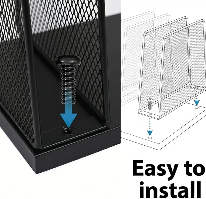 5-Section Vertical File Organizer for Desk, Sturdy Wood Base & Metal Mesh Desktop File Holder, Upright Paper Folder Sorter for Office Supplies（Black）