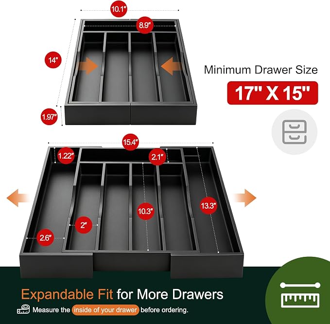 2-Piece Expandable Bamboo Kitchen Drawer Organizer for Cutlery and Utensils, Adjustable Bamboo Wood Cutlery Tray in Drawer for Flatware and Silverware in Kitchen, (Black)
