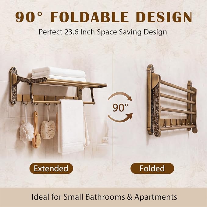Brass Foldable Towel Rack with Hooks, Foldable Wall Mounted Bathroom Shelf Towel Bars Antique Gold Aluminum Rail Holder for Bathroom, Entryway, and Kitchen(2-Tier Vintage Style,24")