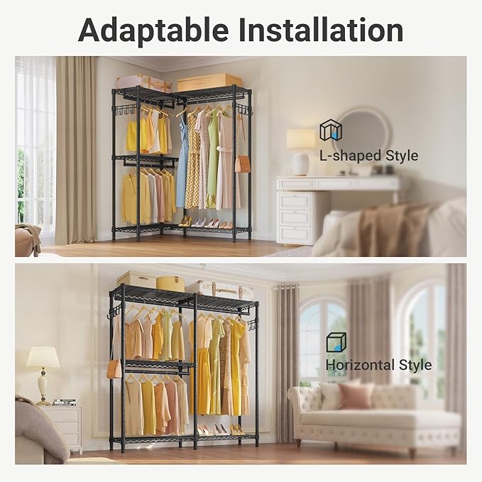 VIPEK L4 Clothing Rack for Hanging Clothes Heavy Duty Closet for Corner | L Shaped Closet System, Multiple Hanging Rods, Adjustable Wire Shelving/Side Hooks, Load 810lbs for Walk-in Closet, Black