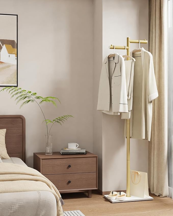 Modern Garment Rack,Z-Shaped Coat Stand with Rock Base,68.9in,Gold | Metal Coat Racks Freestanding with Natural Patterned Base,Easy to Clean Clothes Hangers for Home,Clothing Trees for Office