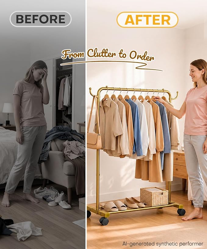 Homde Portable Clothes Rack for Bedroom: 4 Lockable Wheel Move Room-to-Room | Laundry to Closet in 1 Smooth Roll - No Heavy Lifting for Renters & Movers - 88 lbs Hanging Rod for Garment Coat to T-Shirt
