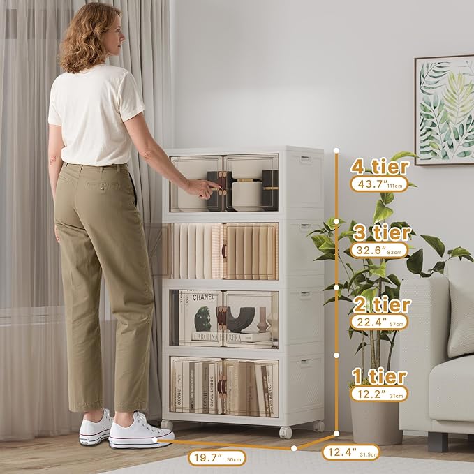 Stackable Storage Bins with Lids, 208QT Closet Organizers and Storage Cabinet with Doors & Wheels, Lockable Plastic Foldable Drawers for Bedroom Dorm Office Garage（52QT*4,White）