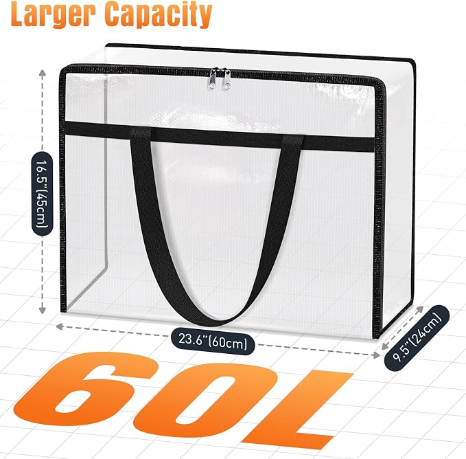 8 Packs 60L Clear Under Bed Storage Containers, Large Clothes Storage Bags | Heavy Duty Large Capacity Foldable Moving Bags with Sturdy Handles, Clothing Organizer Totes for Bedding Comforter Sheet