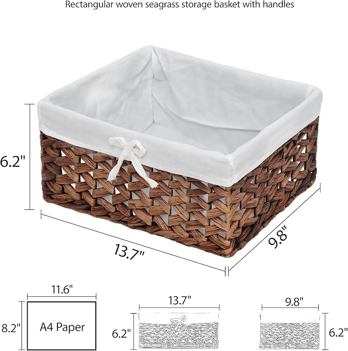 Rectangular Woven Seagrass Storage Bins with Handle,Kingwillow. (water hyacinth, Medium)