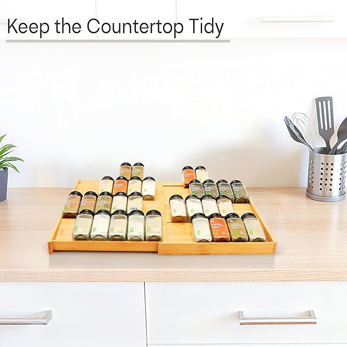 Bamboo Spice Drawer Organizer, (Need 3.1” Deep Drawer) Expandable 4 Tier Spice Rack for Cabinet (From 12" to 23" Wide), Seasoning Storage Insert, Spice Organizer for Drawer,Jars Not Included