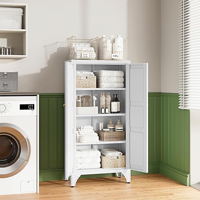 Letaya Metal Storage Cabinet with Doors and Shelves,47.3" H Bathroom Floor Kitchen Pantry Utility Cupboard Dining Home Office/Garage Organizers,White