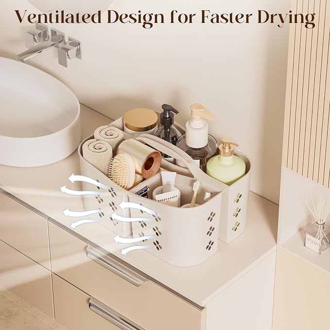 Portable Shower Caddy with Handle, Large Capacity Shower Basket Organizer, Quick-Drain Bathroom Storage Tote, Durable Plastic Shower Organizer for College Dorm, Beach, Gym, Travel Essentials, Beige